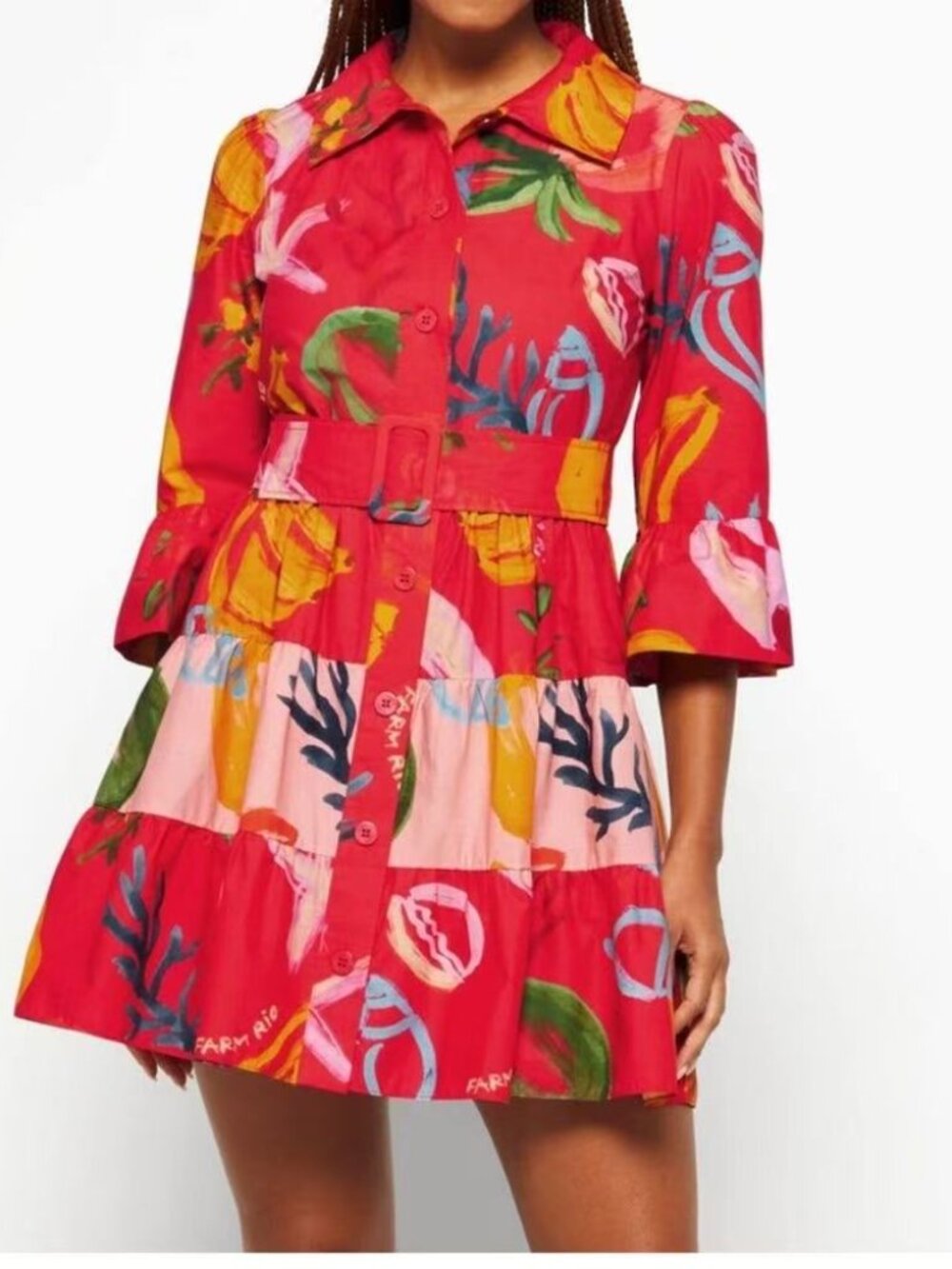 NWOT FARM Rio Mixed Fruits Ocean Bright Vibrant Dress Ruffle Sleeve Size S